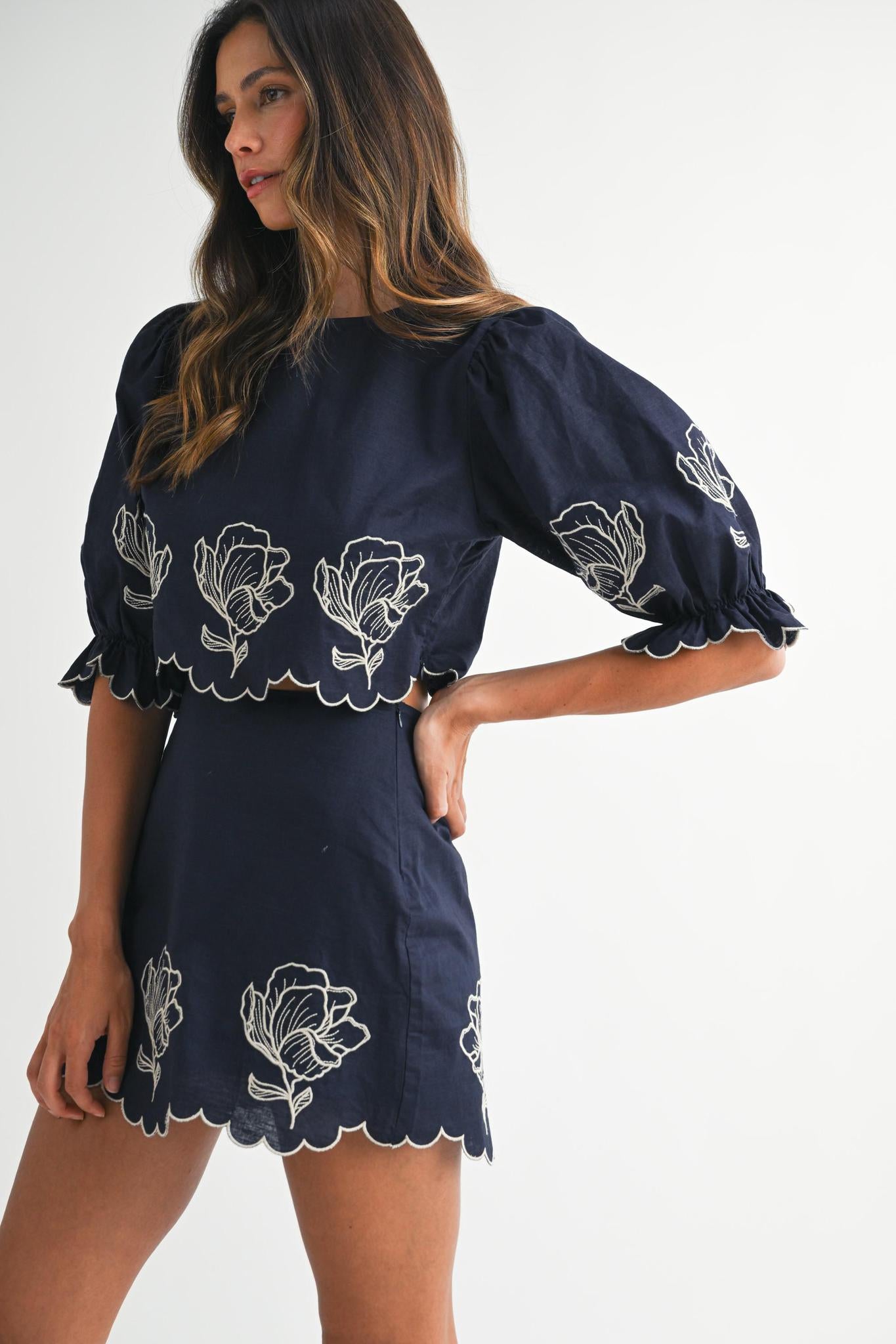 Navy Embroidered Mini Skirt Set