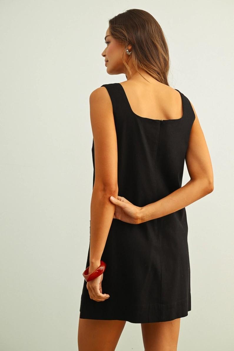 Black Linen Dress with Eyelet Pocket