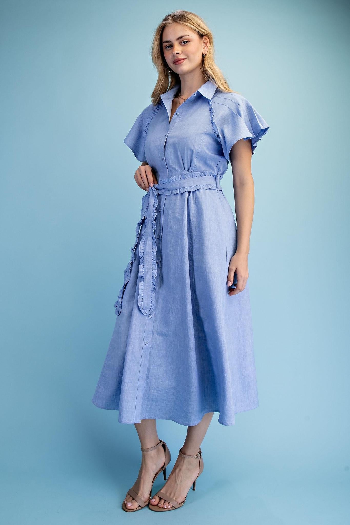 Light Blue Ruffled Detail Midi Dress