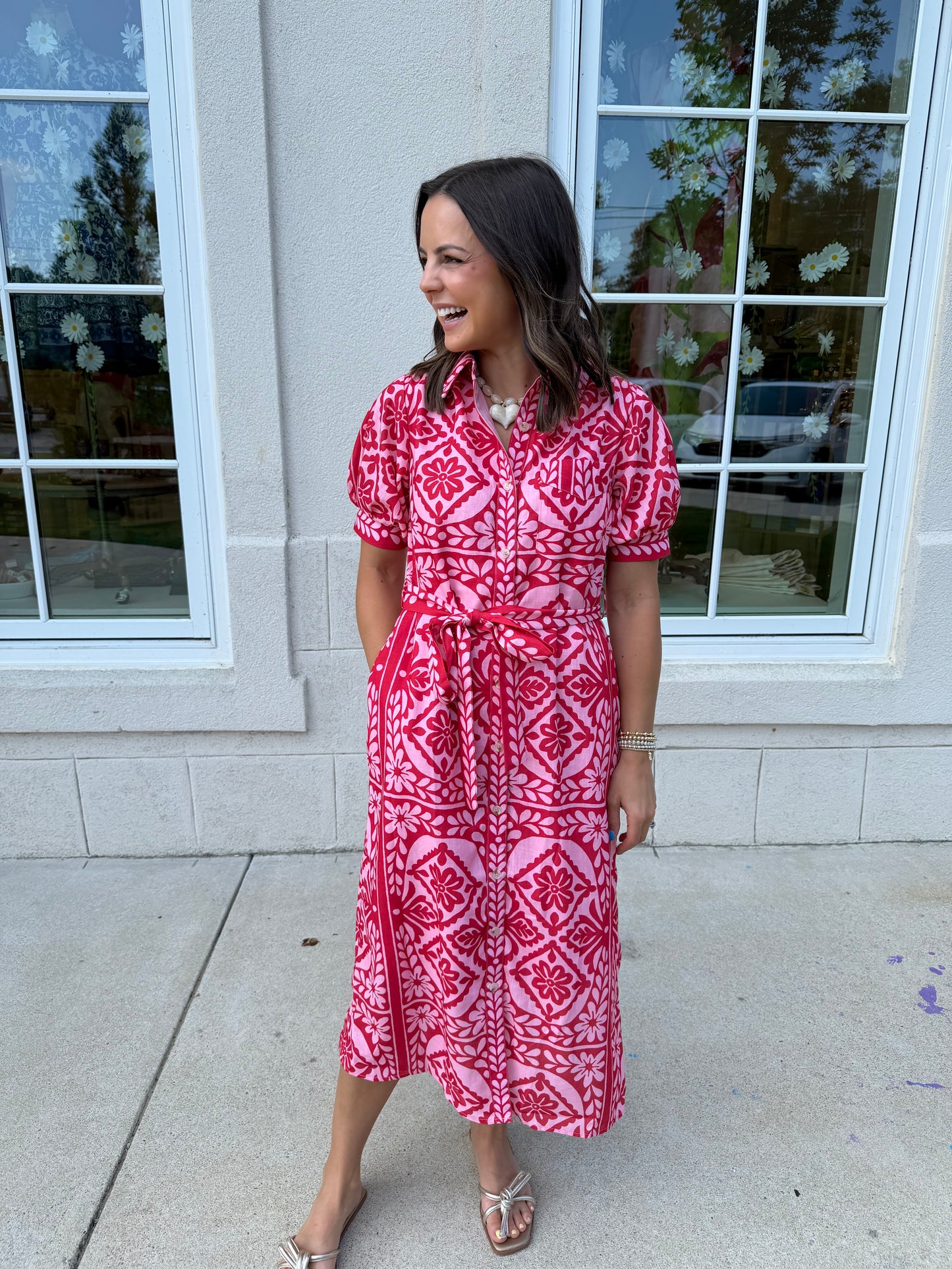 Pink and Red Floral Midi Shirt Dress