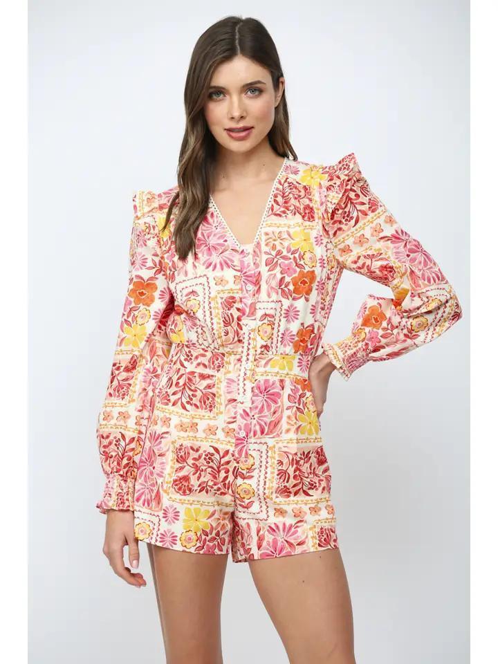 Ivory Multi Floral Patchwork Print Romper