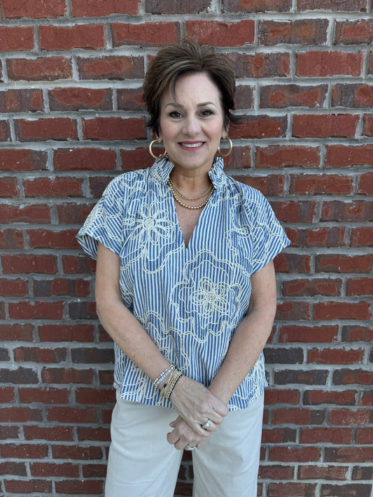 Blue Striped Floral Top