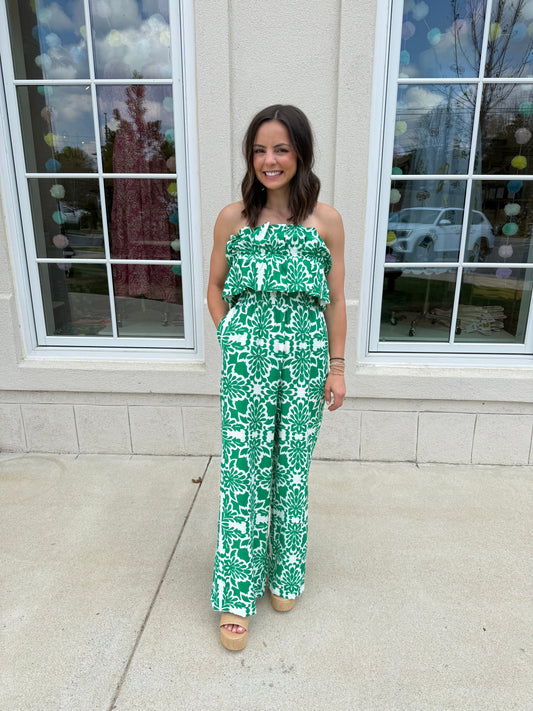 Green and Ivory Printed Wide Leg Jumpsuit