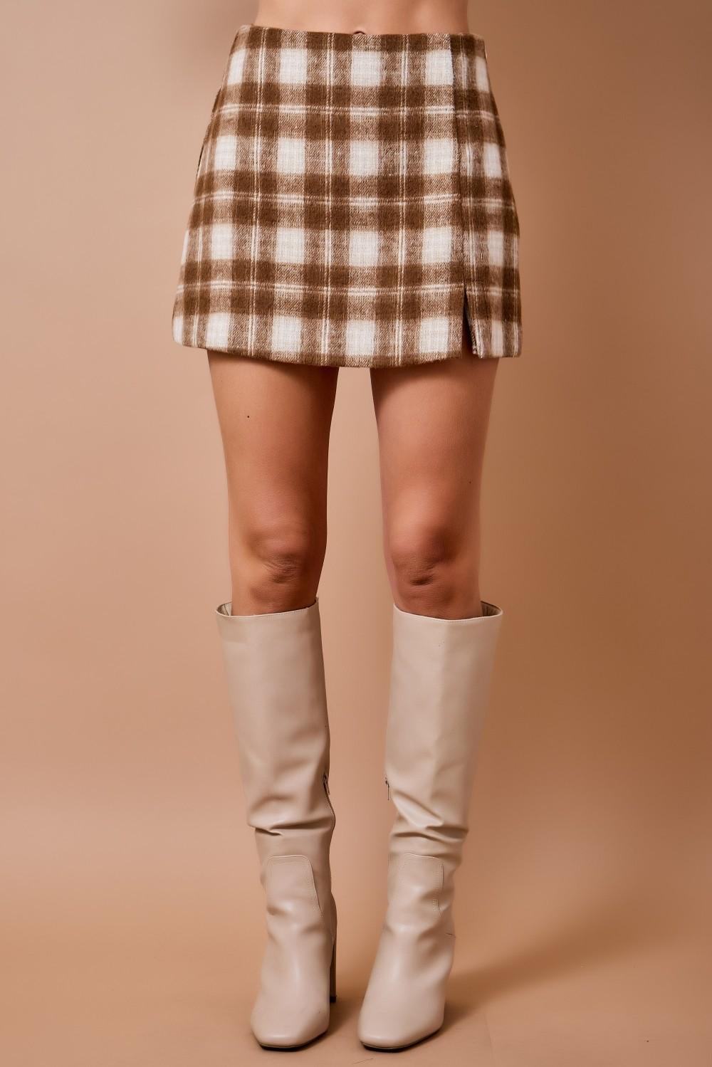 Brown and Cream Plaid Mini Skort
