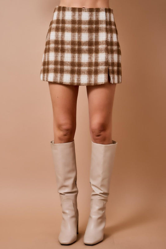 Brown and Cream Plaid Mini Skort