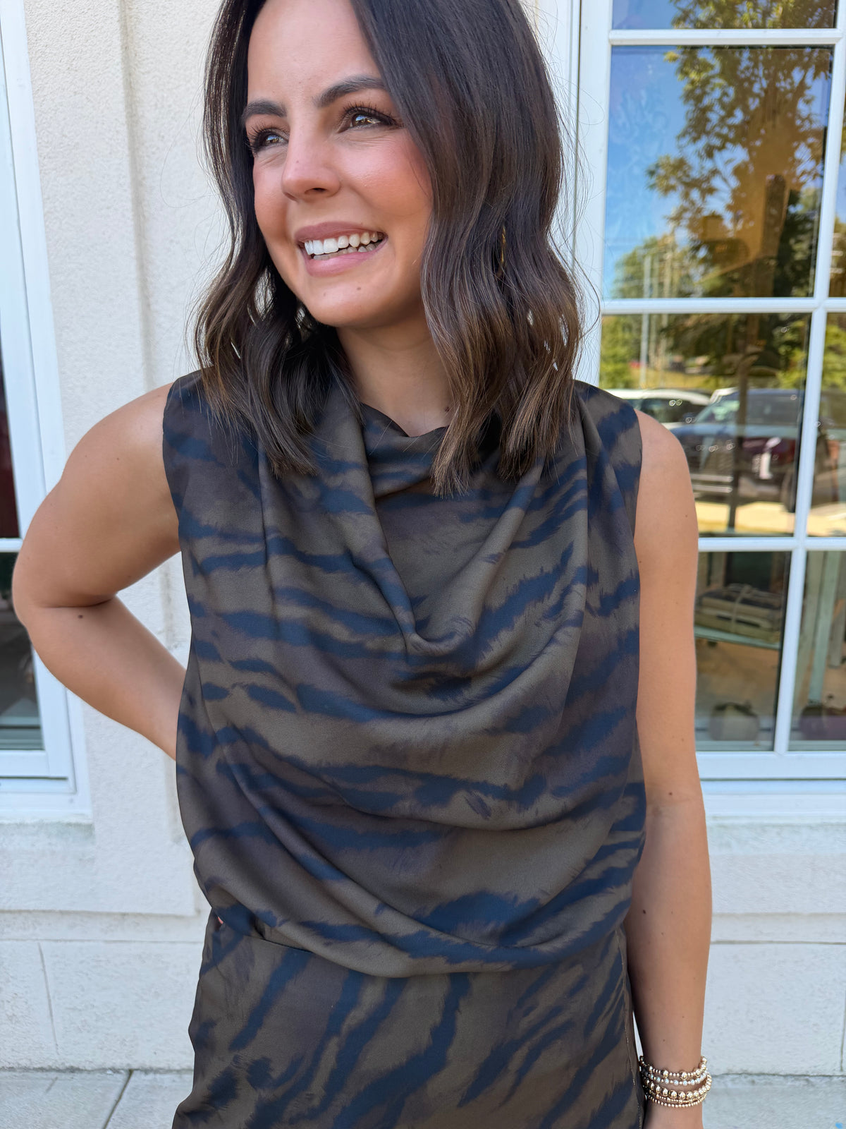 Brown and Taupe Animal Print Draped Top