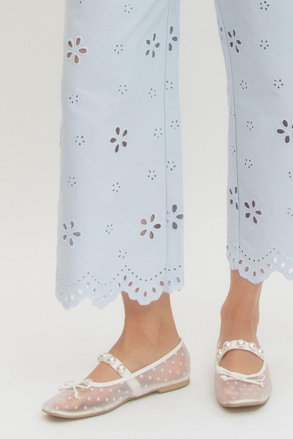 Light Blue Eyelet Embroidered Pants