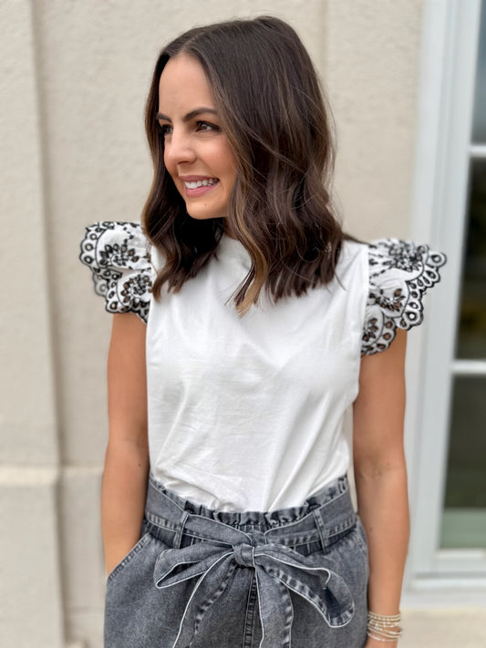 White and Black Eyelet Sleeve Top