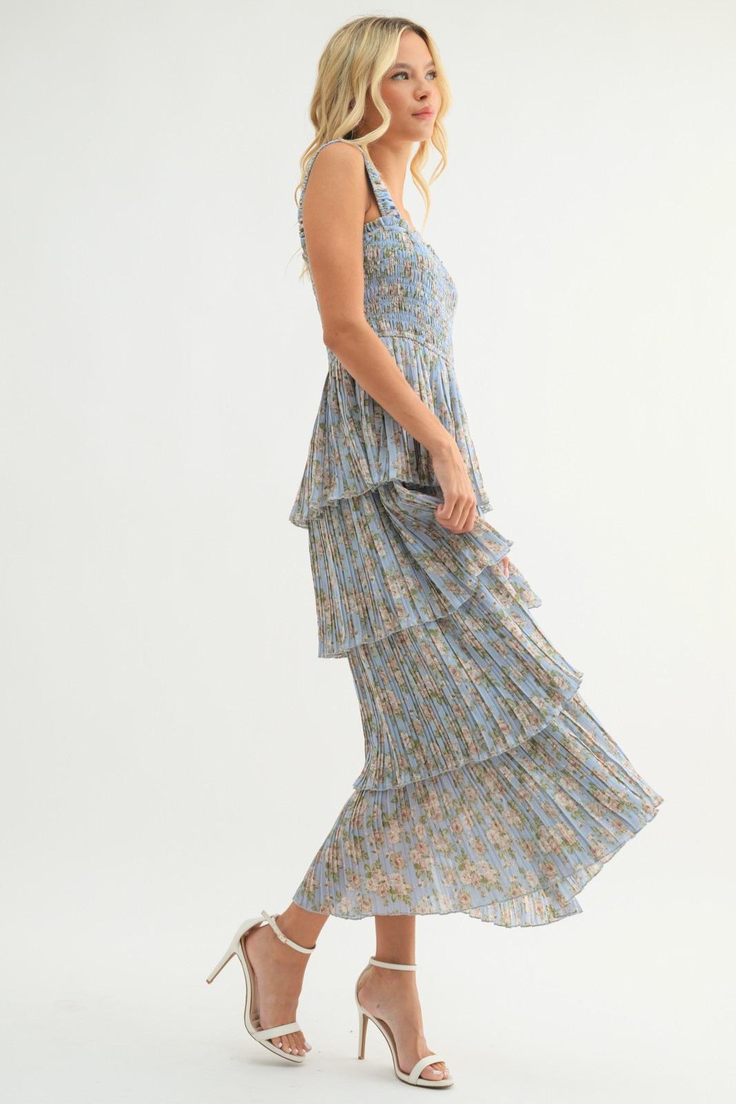 Blue and Cream Floral Tiered Dress