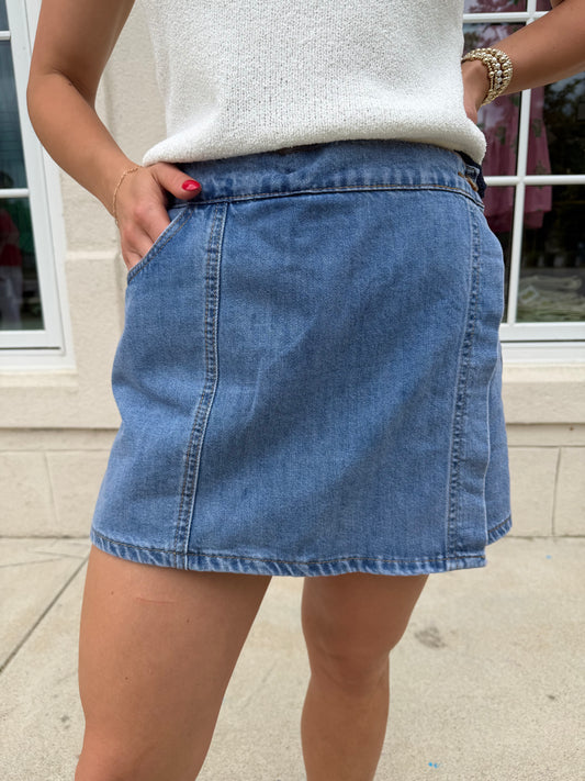 Medium Denim Wrap Skort