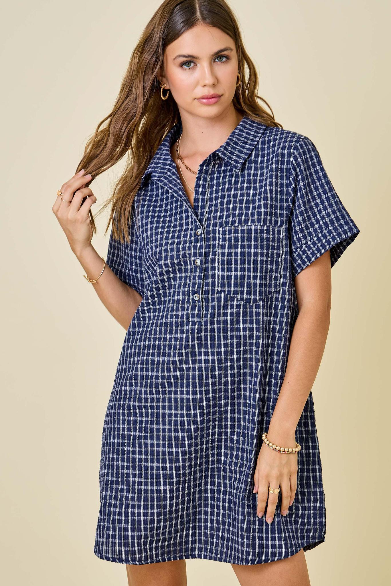 Navy Checkered Easy Shirt Dress