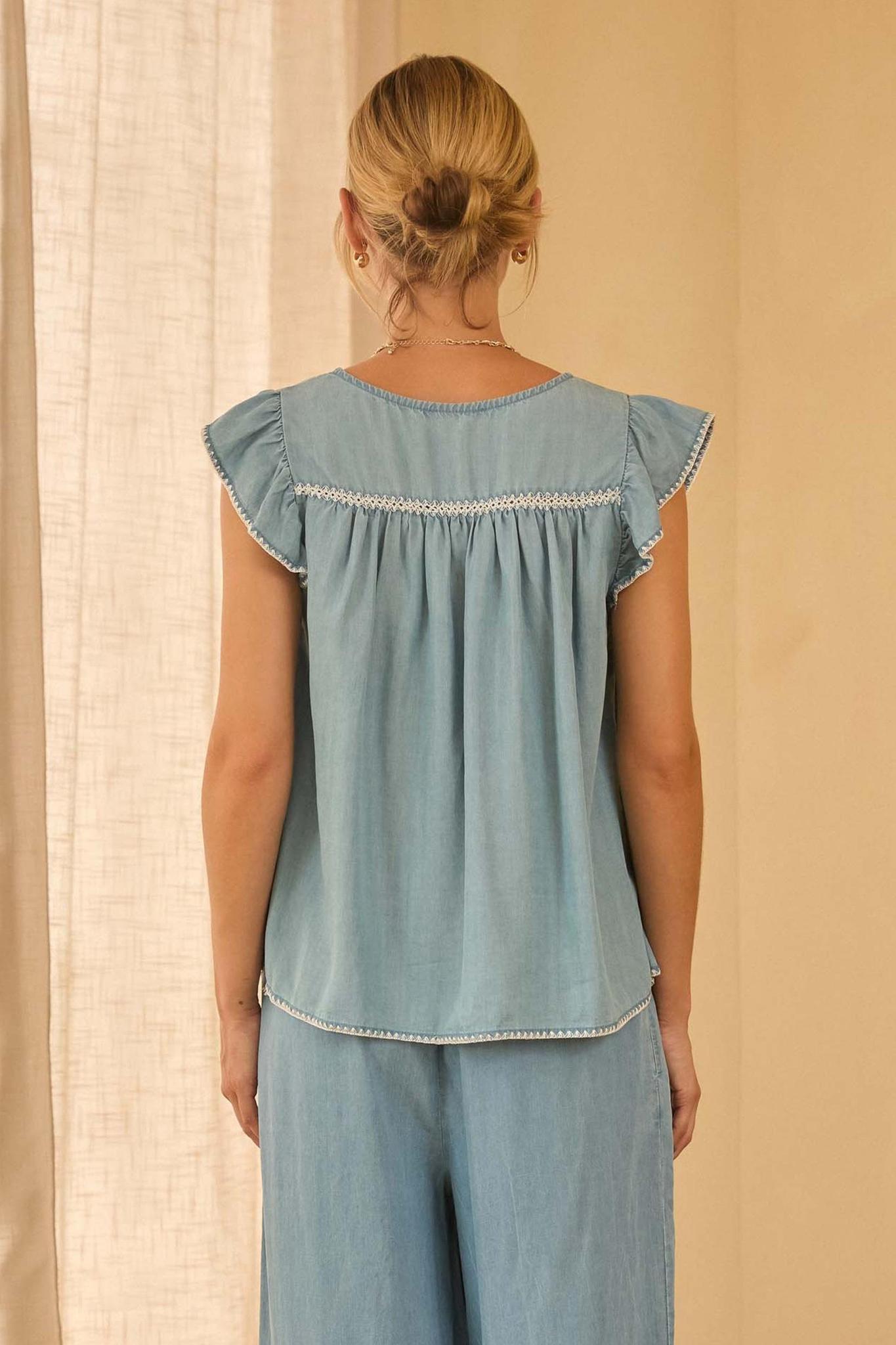 Washed Blue Tencel Embroidered Top