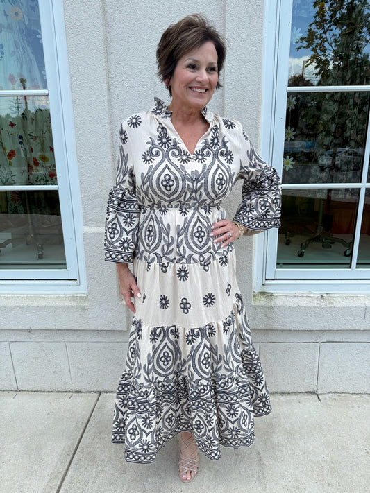 Cream Textured Print Tiered Maxi