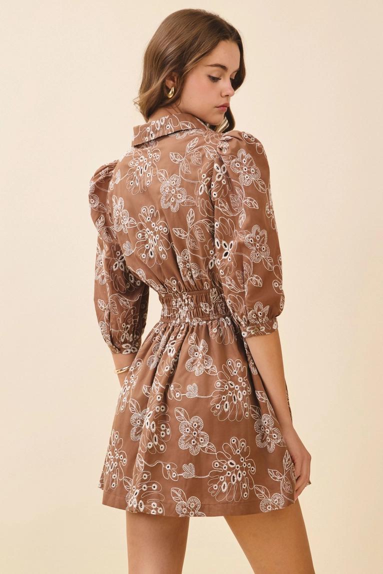 Brown Floral Print Collared Mini