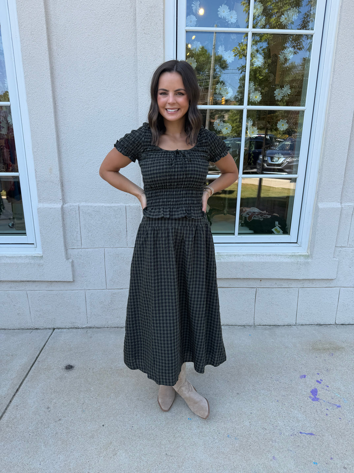 Dark Olive Plaid Print Smocked Top