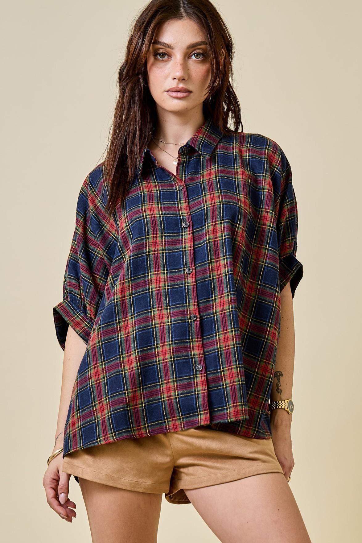 Navy Multi Oversized Plaid Shirt