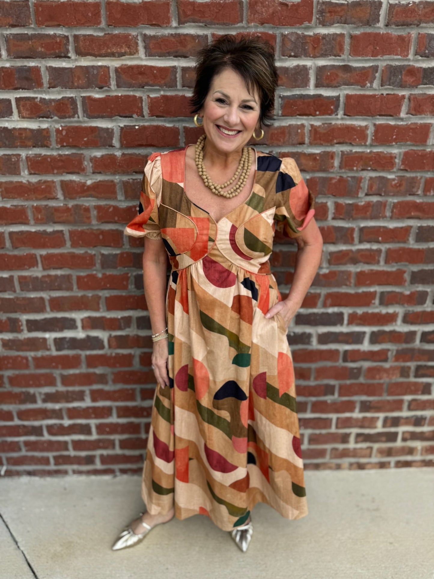 Tan Multi Piped Midi Dress