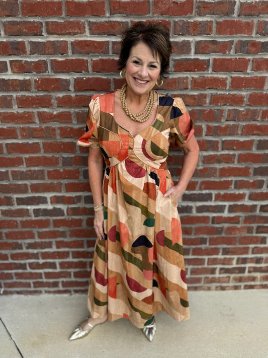 Tan Multi Piped Midi Dress
