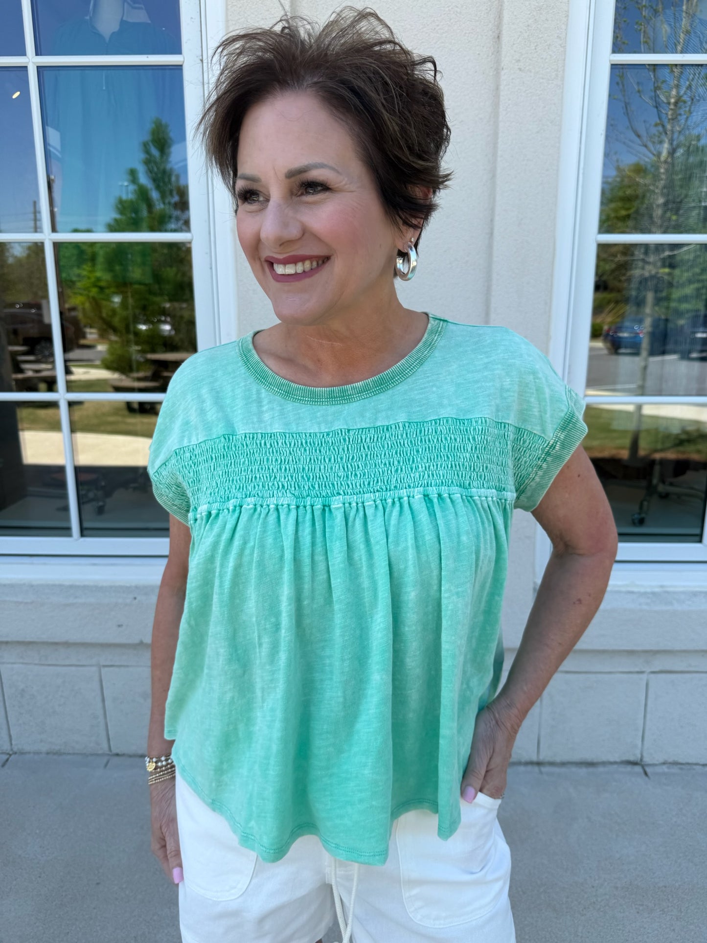 Apple Green Smocked Slub Shirt