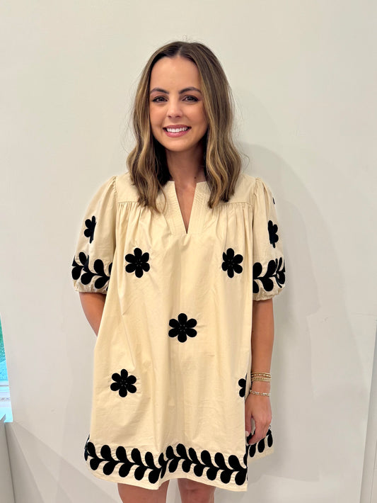 Black Flower Embroidered Cotton Mini