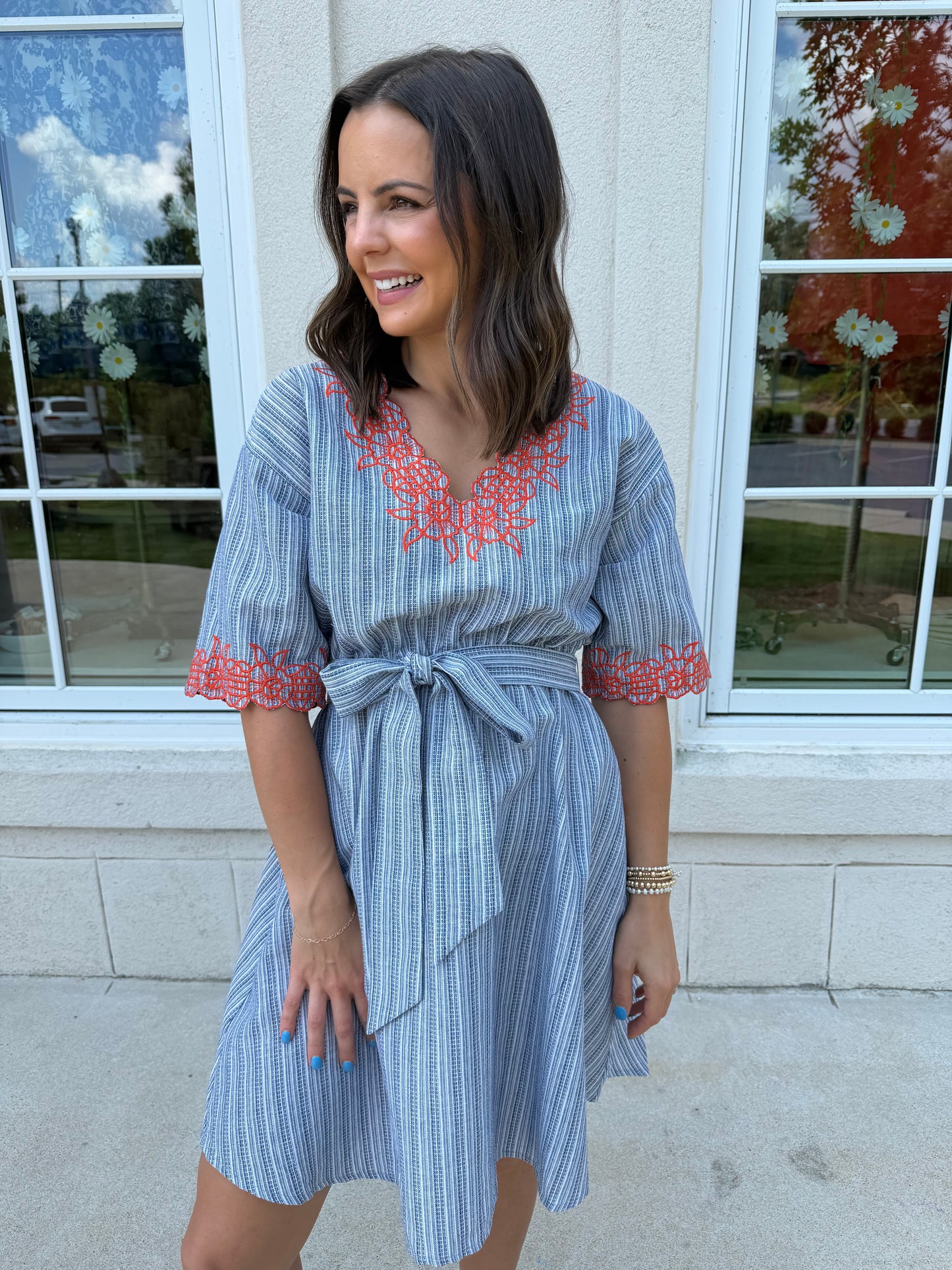 Navy and White Striped V Neck Dress