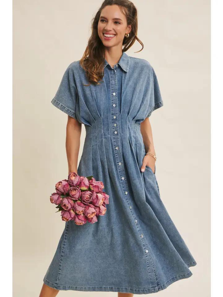 Denim Pleated Midi Dress