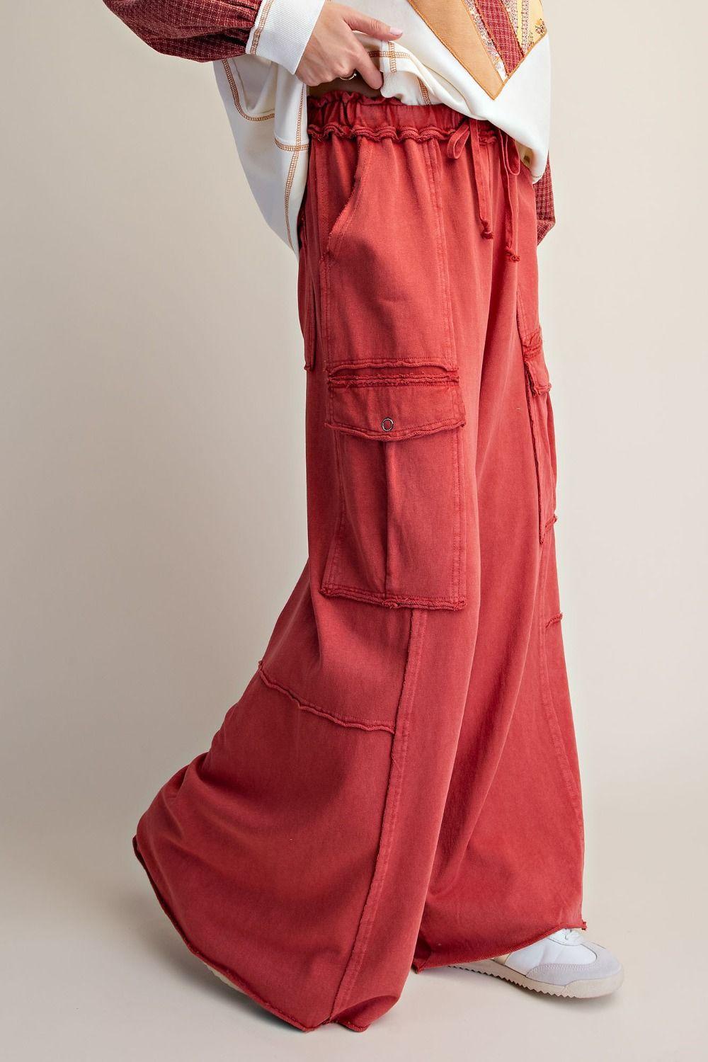 Boho Red Washed Terry Cargo Pants