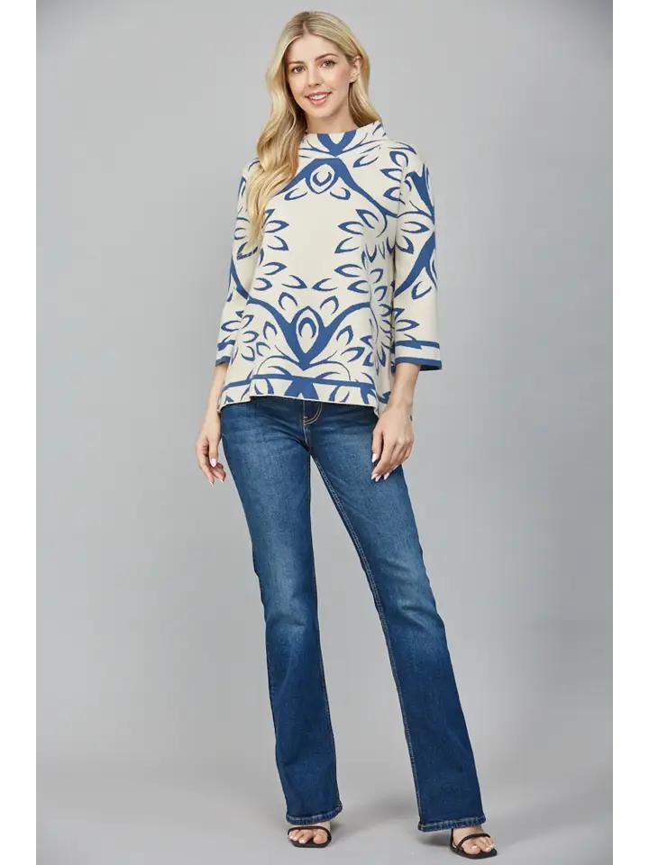 Cream and Teal Blue Jacquard Knit Sweater