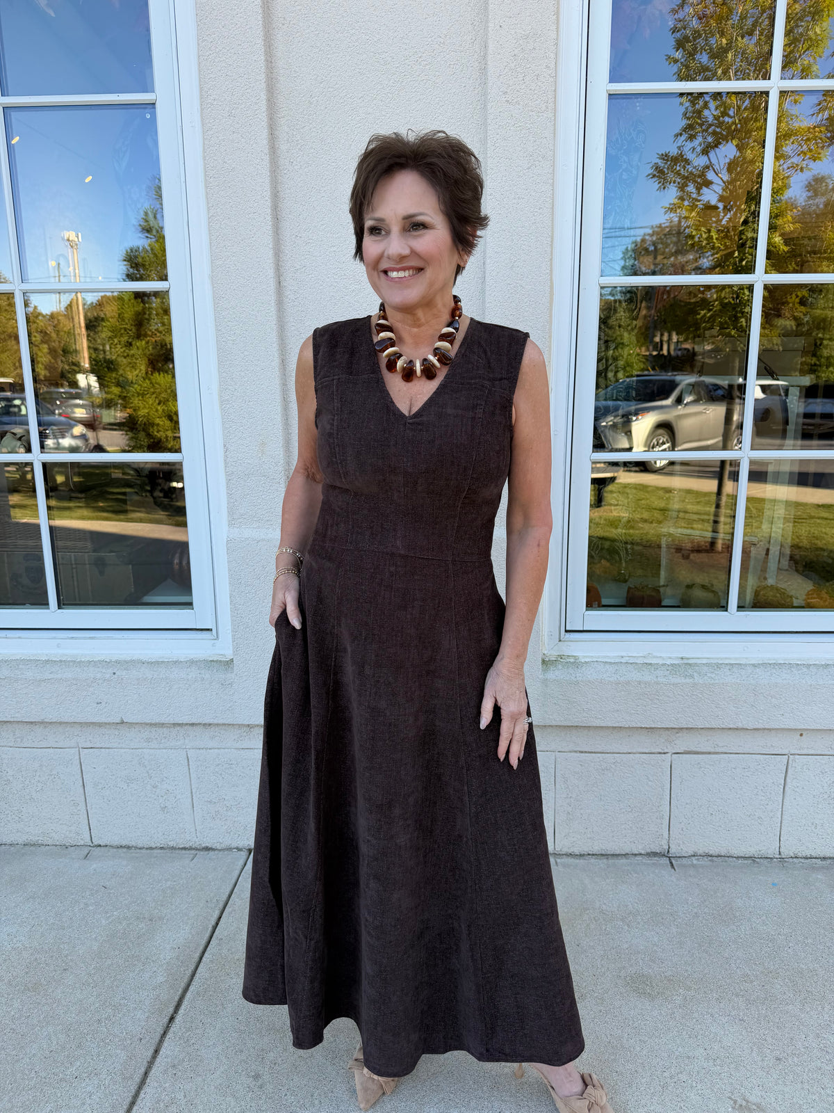Brown Stretch Suede Midi Dress