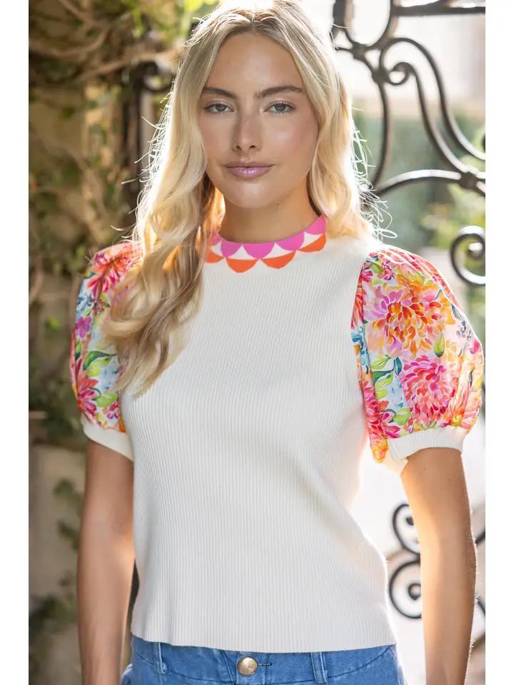 Beige with Contrast Sleeve and Trim Top