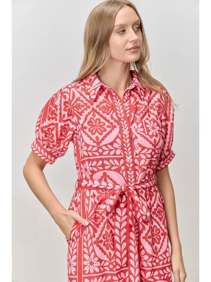 Pink and Red Floral Midi Shirt Dress