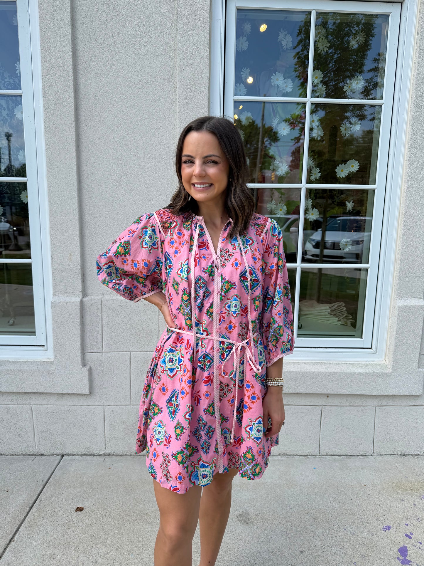 Pink Multi 3/4 Sleeve Printed Mini Dress