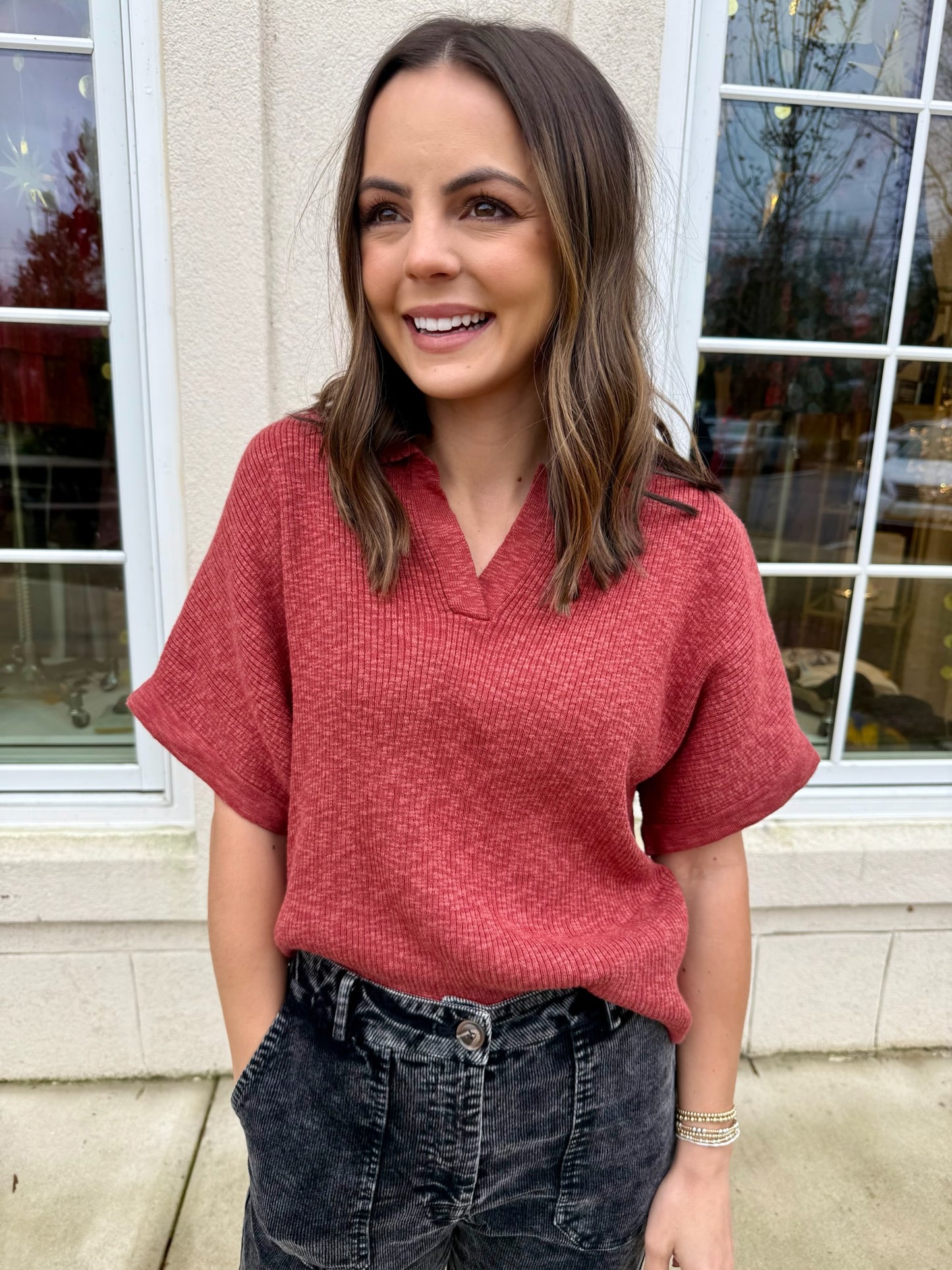 Rust Red Slub Knit Sweater