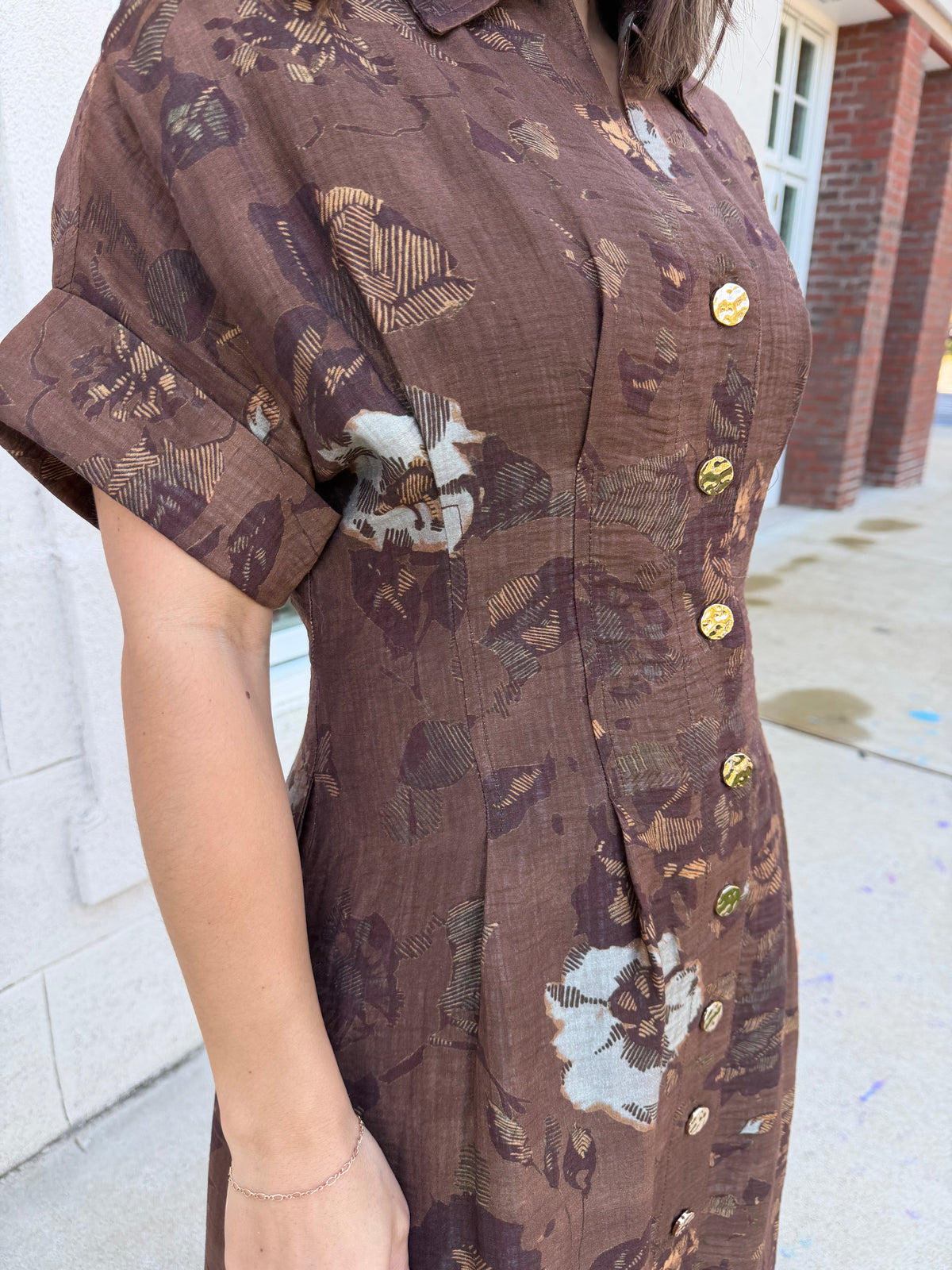 Brown Button Up Floral Maxi