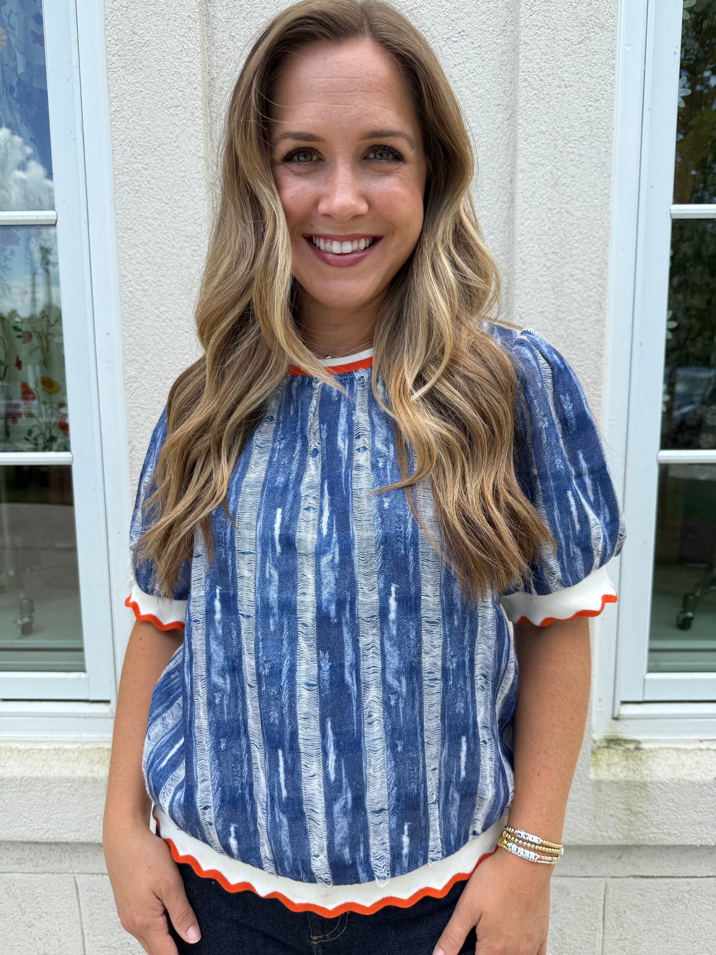 Denim Blue Striped Distressed Top