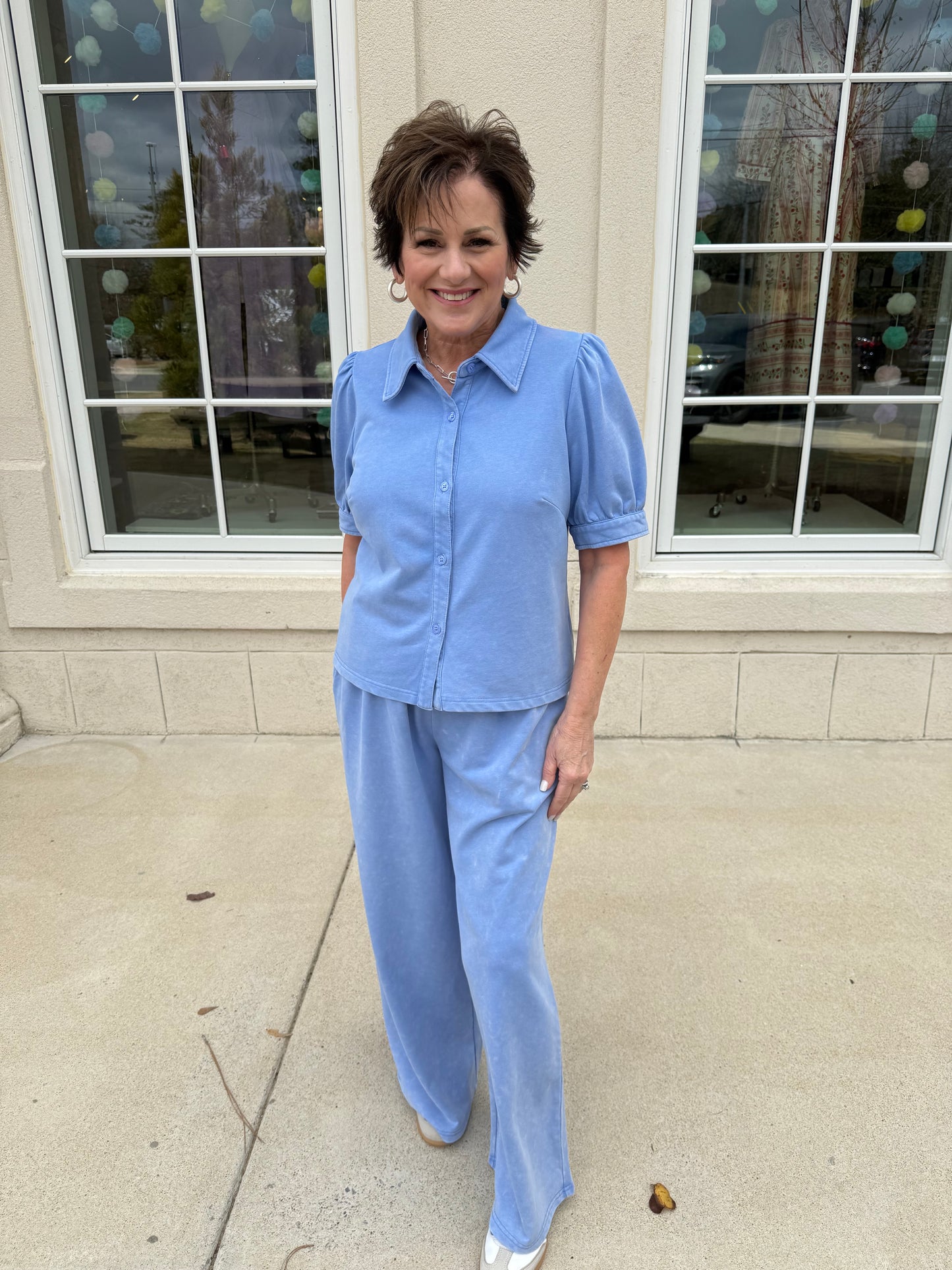 Blue Drawstring Waist Wide Leg