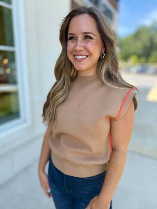 Beige and Orange Sleeveless Sweater