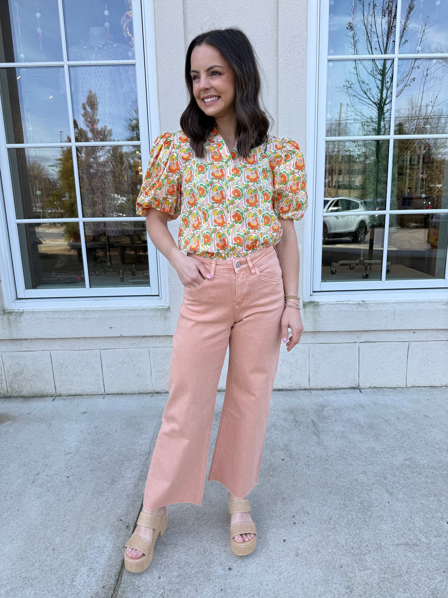 Orange Multi Floral Puffed Sleeve Blouse