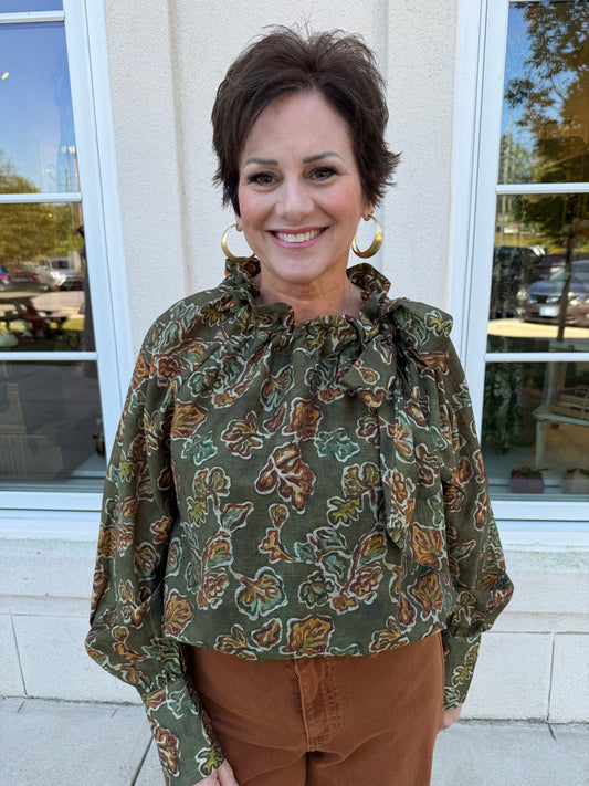 Olive Neck Tie Printed Blouse