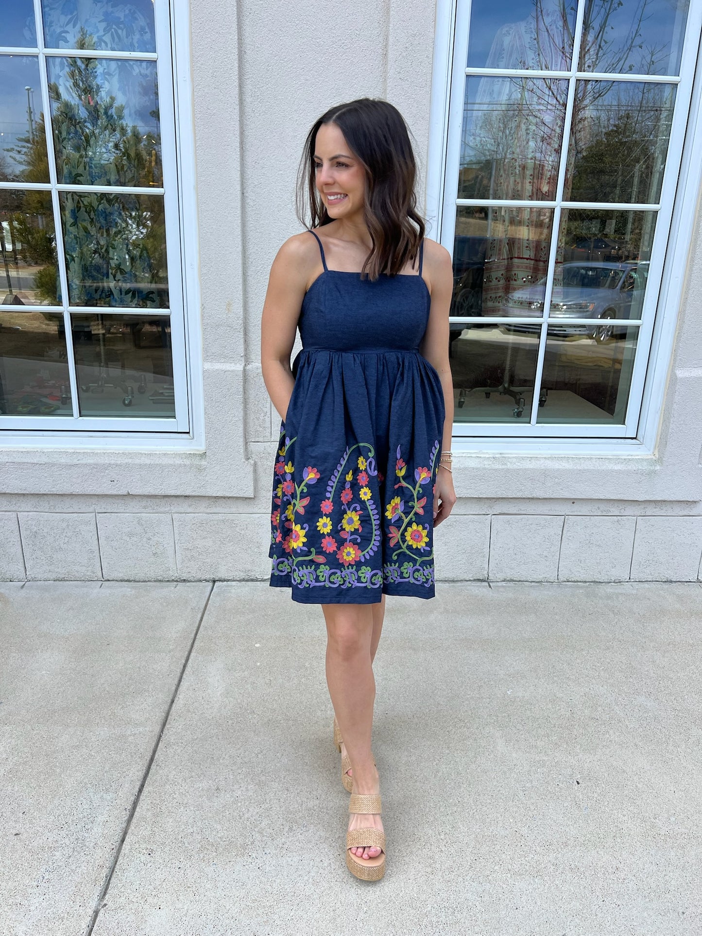 Indigo Denim Floral Embroidery Mini