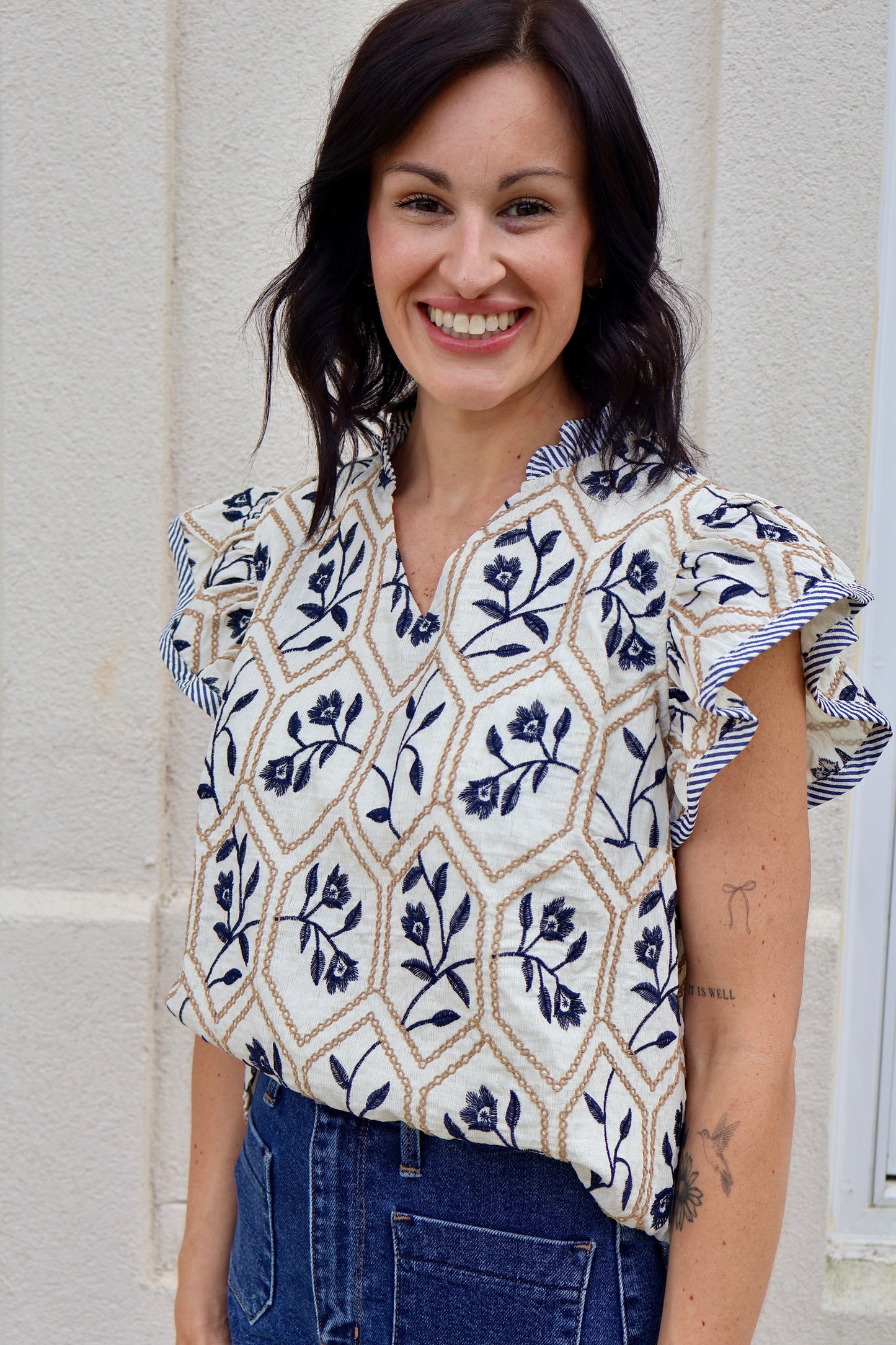 Navy and Muted Gold Embroidered Top