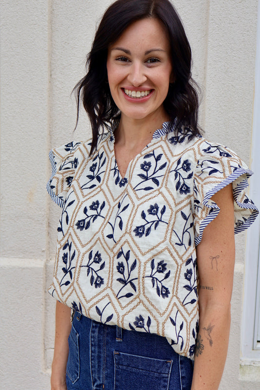 Navy and Muted Gold Embroidered Top