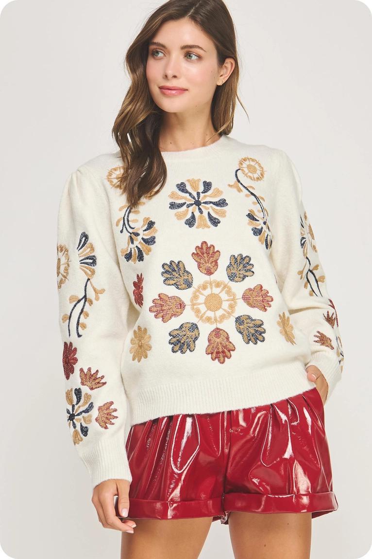 Cream Multi Embroidered Knit Top