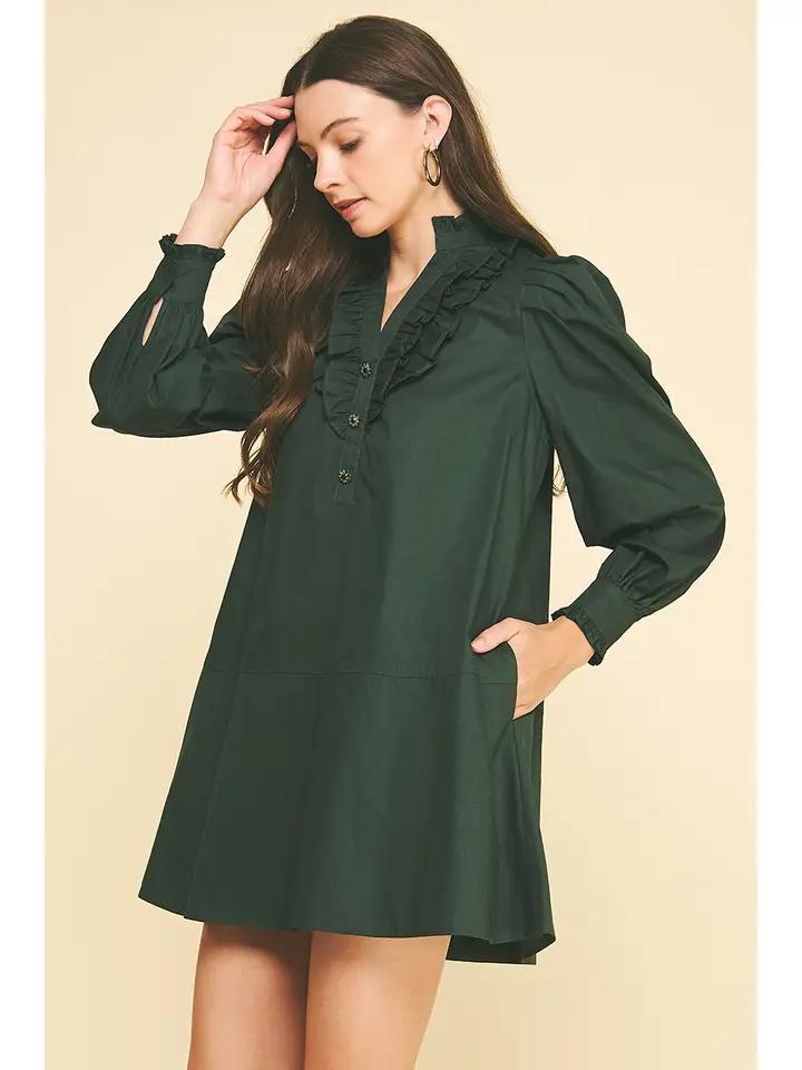 Deep Green Ruffled Detail Mini Dress
