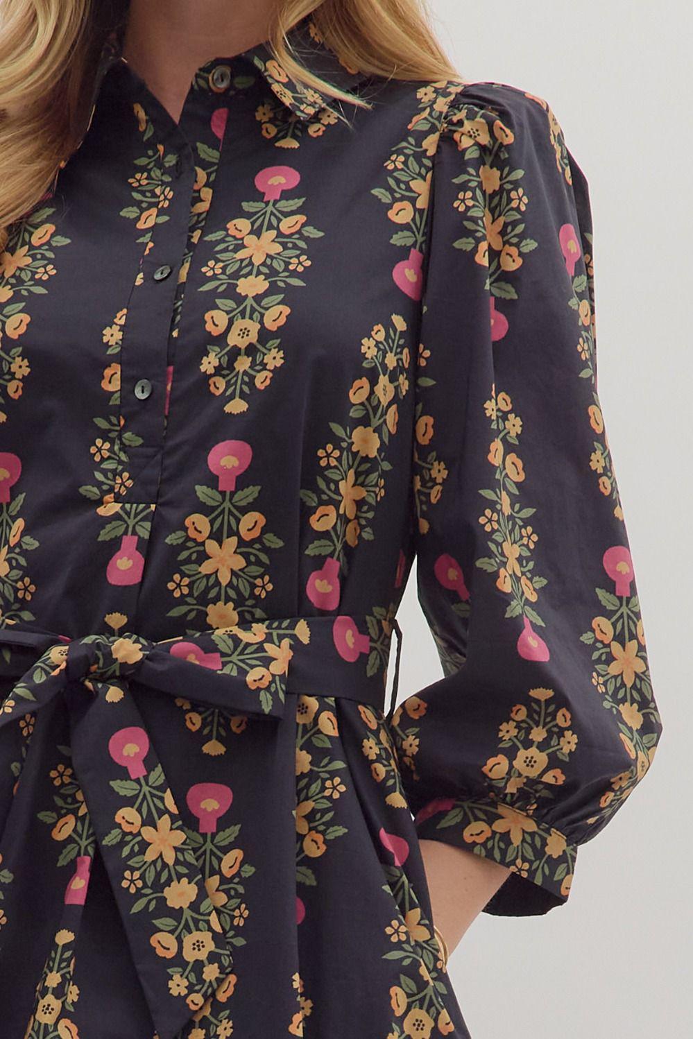 Black Botanical Print Midi Dress