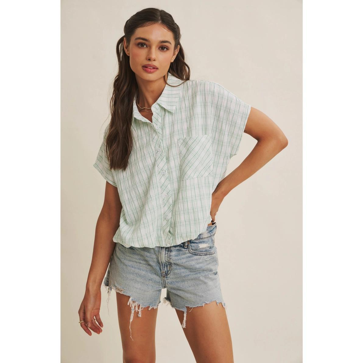 Kelly Green Crinkled Plaid Top