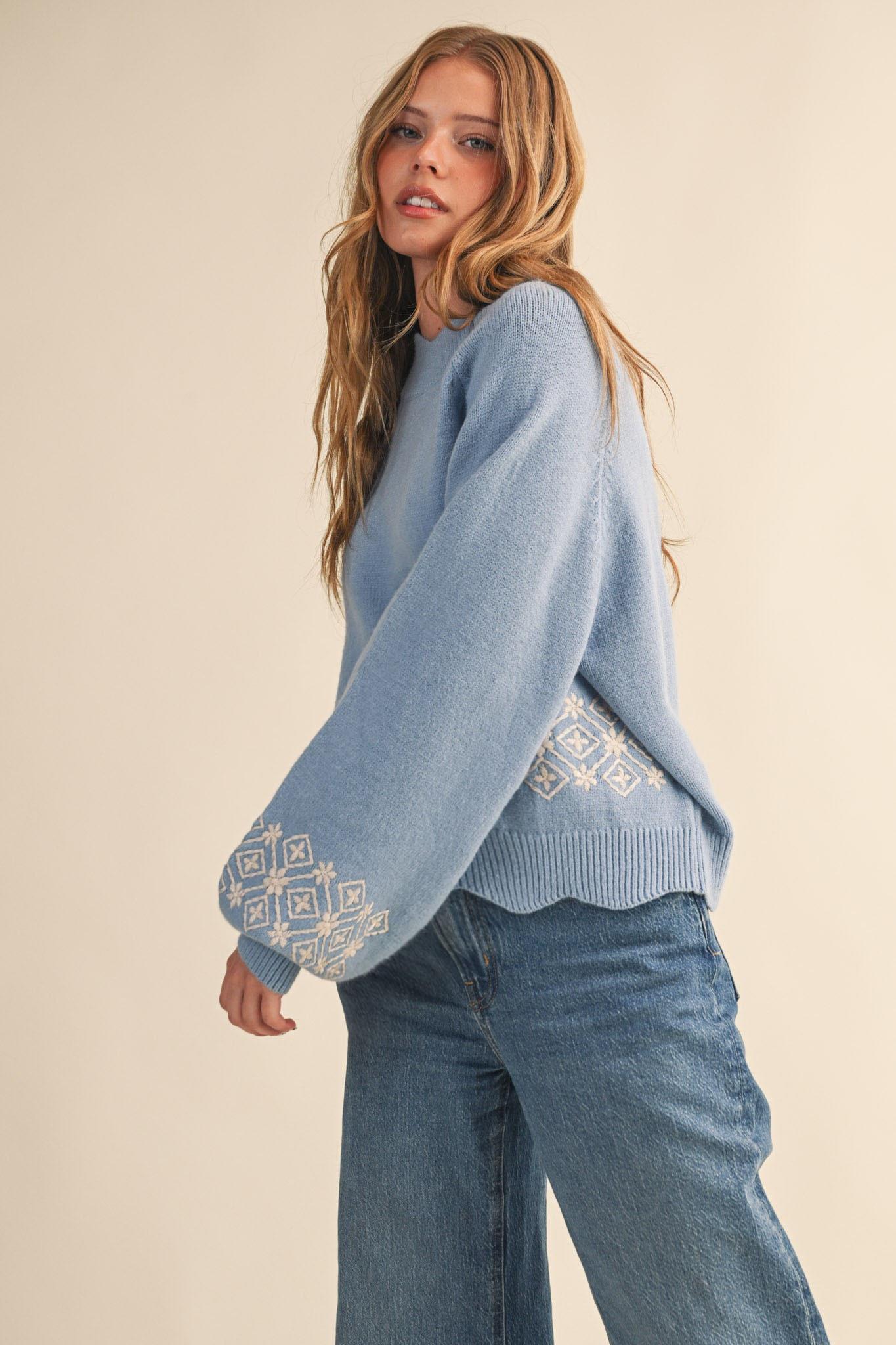 Sky Blue and Ivory Scalloped Sweater