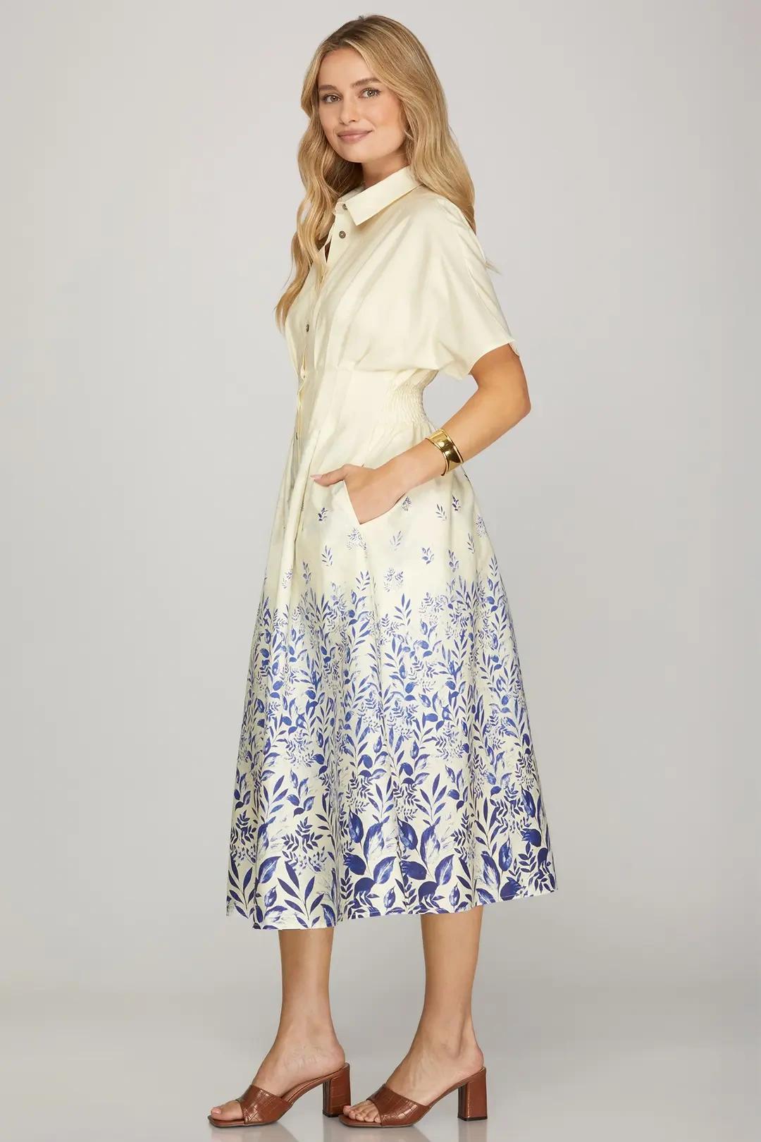 Blue and Cream Floral Bordered Midi