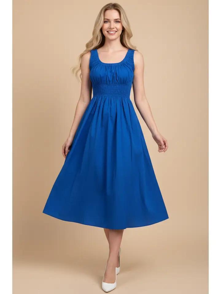 Royal Blue Poplin A-Line Midi Dress