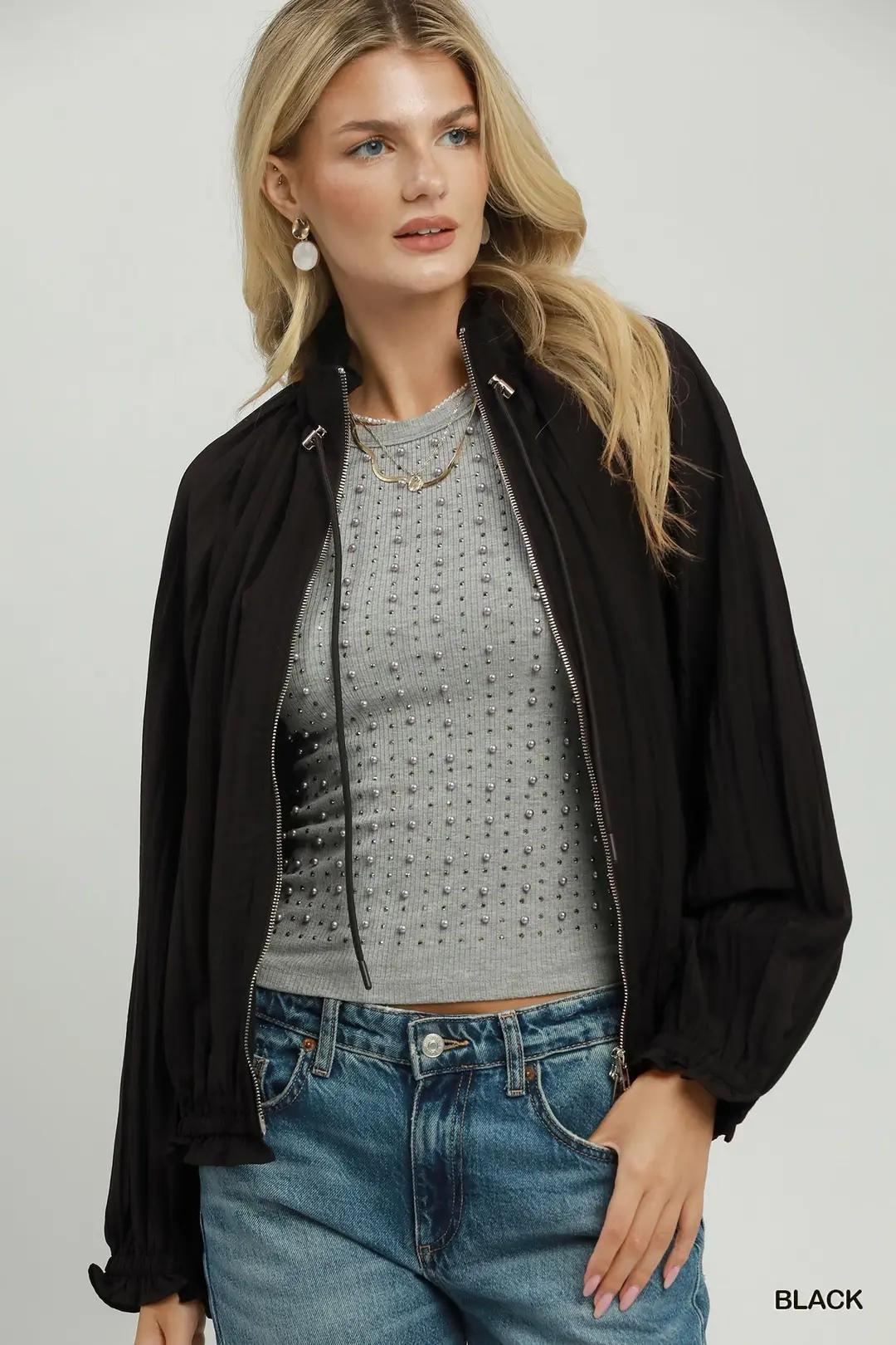 Black Crinkle Bomber Jacket